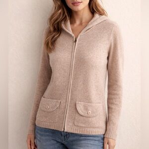 Sarah Spencer Lambs Wool Blend Zip Up Hoodie Size M Beige Warm Cozy Soft Chic